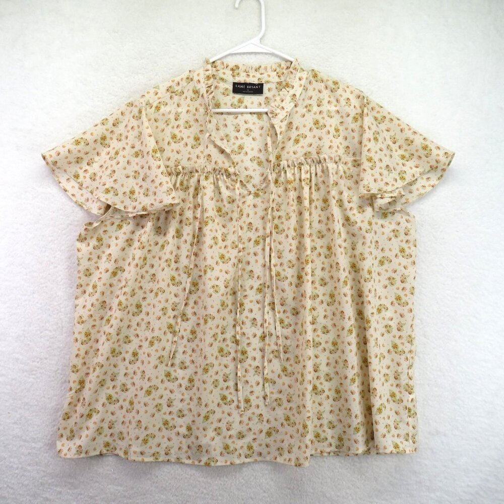 Lane Bryant‎ Shirt Womens 20 Cream Floral Short Sleeve Blouse Ruffle Neck Top